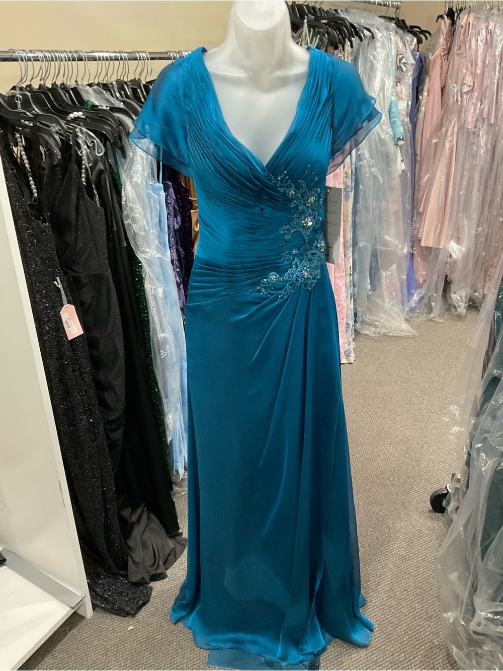 kathy ireland Teal V-Neck Maxi Dress with Floral Embellishment